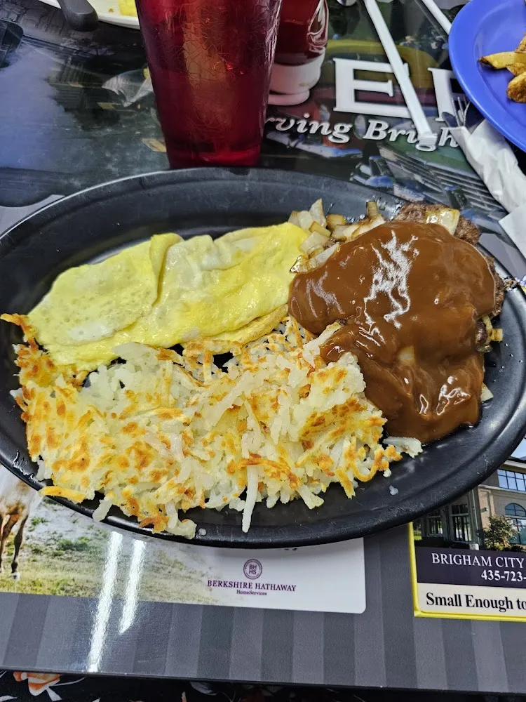 Hamburger Steak with Gravy Eggs and Hashbrowns